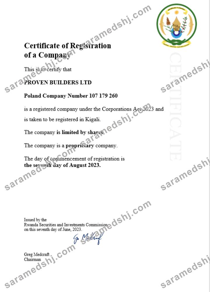 Rwanda business registration certificate Word and PDF template